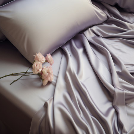 a luxury bed adorned with linens and flowers, featuring a dark silver and light purple color scheme. this soft-focused realism photograph by lilia alvarado captures the exquisite detail of the bed, showcasing the use of natural fibers. the matte background adds to the overall elegance of the image. ai generatedの素材