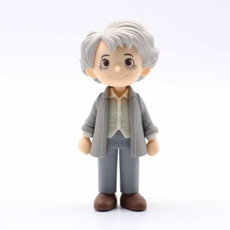 plastic figure of an older woman wearing a charming anime-inspired outfit in light gray and light bronze, reminiscent of naoki urasawa's style. the figure exudes a cute and dreamy vibe, capturing the essence of grandparentcore. it pays homage to the works of robert munsch and joseph farquharson. ai generatedの素材