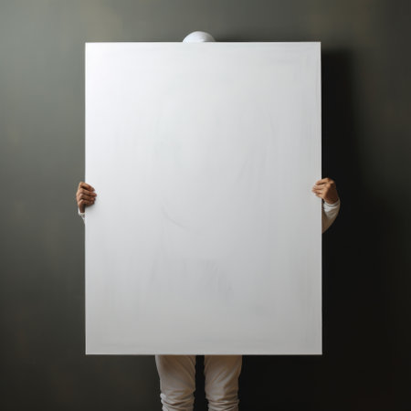 a young white man, dressed in a white suit, poses with a blank white board. this photograph captures the essence of expressionistic figurative work, reminiscent of monochromatic minimalist portraits by artists like patty maher. the large canvas format and the use of a transparent/translucent medium evoke the style of jan van goyen and jaume plensa. ai generatedの素材