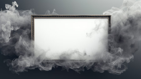 an empty frame made of smoke is captured within a dark grey background, resembling elaborate artistic environments. this unique image showcases soft renderings inspired by advertising, reminiscent of an associated press photo. the composition evokes the works of cloudcore, serge marshennikov, and the motion picture film. ai generatedの素材