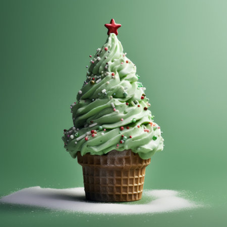 a snowy ice cream cone sits atop a christmas tree in this food stock photography image. captured in the style of light green, this uhd image by dan witz is an intensely detailed and high-quality photo. the elaborate composition makes it a standout associated press photo. ai generatedの素材