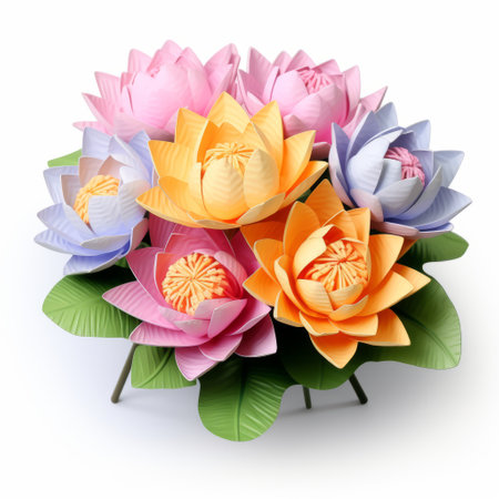 handmade paper lotus flower arrangement on a white surface, featuring a realistic color scheme. this three-dimensional puzzle, rendered in maya, showcases cheerful colors and intricate details. inspired by the angura kei style, this low-resolution image still captures the high level of detail in the arrangement. ai generatedの素材