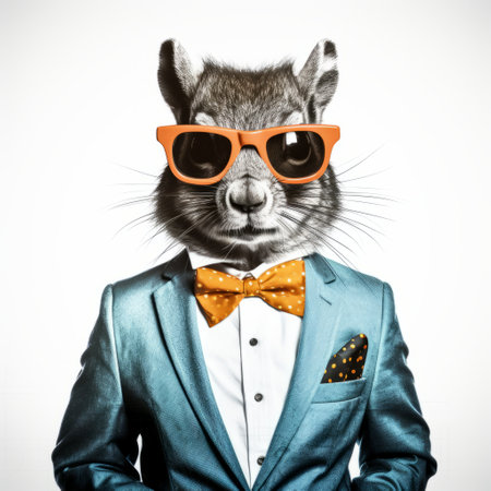 red rat wearing sunglasses stands on a white background in this retro-style stock photo (13559569). the bold fashion photography captures the essence of corporate punk with its colorful costumes and pop-culture-infused orange and aquamarine tones. ai generatedの素材