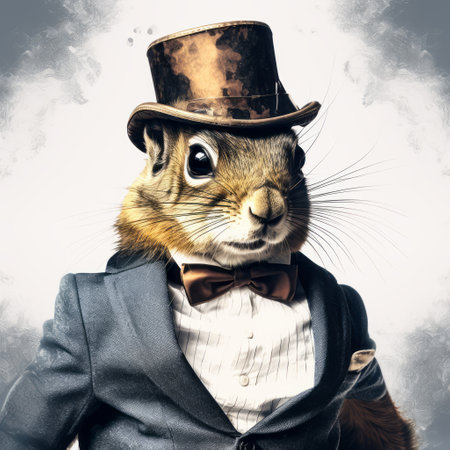 a squirrel dressed in a suit with a tie, showcasing a realistic surrealism style. the photo features retro filters and classicist portraiture, reminiscent of the gilded age. the squirrel's attire is detailed and the overall image has a painterly quality. this unique combination of elements creates a visually captivating and intriguing composition. ai generatedの素材