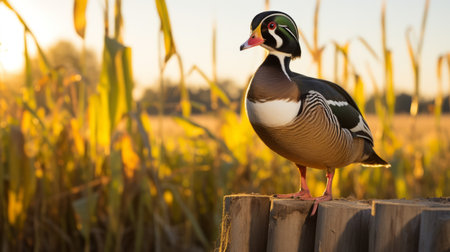 a group of wood ducks, with their vibrant dark green and gold plumage, are captured standing in a field. the photo has a lens flare effect, adding a touch of pop-culture infusion. the rusticcore aesthetic is evident, with clear edge definition highlighting the intricate details of the ducks. this stunning depiction of animals is a testament to the artistic style of tyler walpole. ai generatedの素材