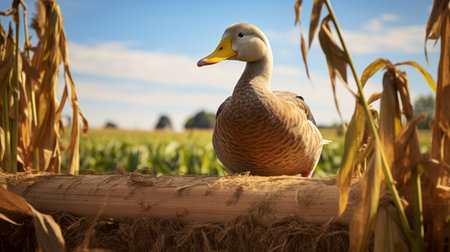 a photo of a duck captured by fbr on tumblr. this rural-themed image showcases realistic blue skies and a layered composition. shot with a sony alpha a7 iii, the photo features a shallow depth of field, adding depth and focus to the subject. the image is colorized, enhancing the romanticized portrayal of country life. ai generatedの素材