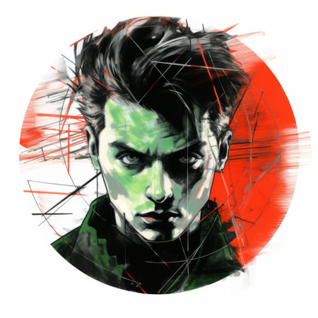 a drawing of edward, depicted in black, red, and green colors, showcases the artistic style of an angenieux 45-90mm f/2.8 lens. the artwork features circular shapes, reminiscent of comic strip art, with a smooth and polished finish. created using a transparent or translucent medium, this masterpiece highlights edward's mastery of ink, resulting in a captivating trace monotone effect. ai generatedの素材