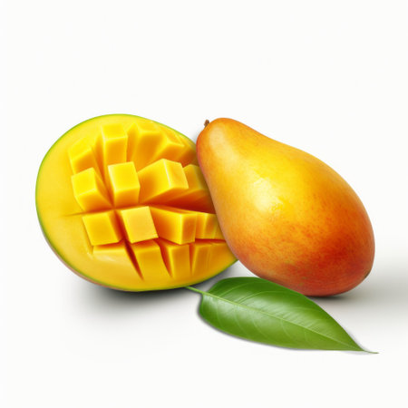 a high definition photograph clipart vector image featuring a hyper realistic small piece cut out, placed next to a large mango. the image showcases intricate details and is captured with a 35mm lens, providing an ultra hd quality in 8k resolution. the plain white background enhances the focus on the subject. ai generatedの素材