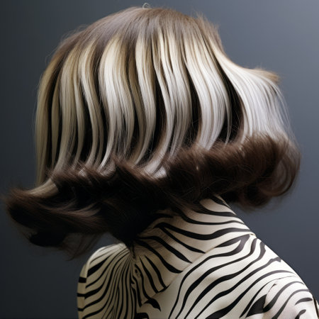 a mesmerizing hair art and design photography showcasing a stunning hairstyle with op-art influences. the dark, white, and brown tones create a captivating contrast in this 8k resolution image. with a frontal perspective, the hyper-realistic oil technique brings out the smooth lines, reminiscent of the swiss style. ai generatedの素材