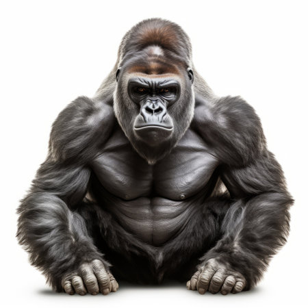 a young gorilla is captured in a detailed portrait on a white background, showcasing the trapped emotions depicted in the style of national geographic photography. this unique image combines elements of human anatomy, zbrush technology, and snapshots of iconic hollywood stars, creating a visually striking and emotionally impactful composition on a gigantic scale. ai generatedの素材
