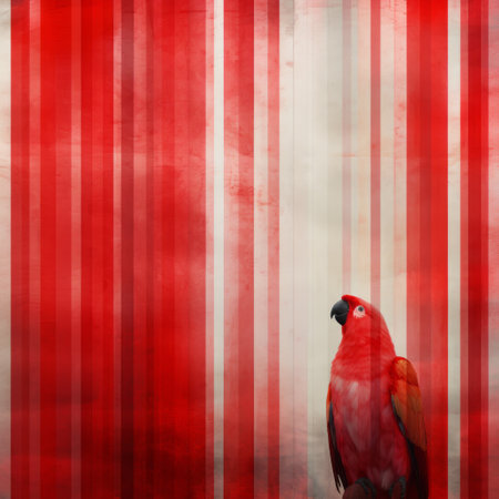 a red parrot perches on a line of vibrant red stripes, showcasing expressive painterly textures. this digital artwork combines elements of minimalism and transparency, creating a unique and site-specific piece. with its sombre tones, it could be a captivating addition to wallpaper designs or contemporary art collections. ai generatedの素材
