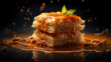 a cupcake with caramel drizzles and nuts on a black background, inspired by the impressionist style of caras ionut and mike campau. the wavy resin sheets by marcin sobas add a unique touch, while the pilesstacks of light amber and emerald create a vibrant contrast. ai generatedの素材