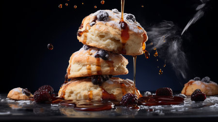 pastries being sliced and drizzled with syrup in a fluid photography style. this 8k resolution image showcases a dark sky-blue and maroon color palette, with sterling silver highlights adding a touch of elegance. the uhd image captures the exacting precision of the process, creating a visually stunning berrypunk-inspired composition. ai generatedの素材