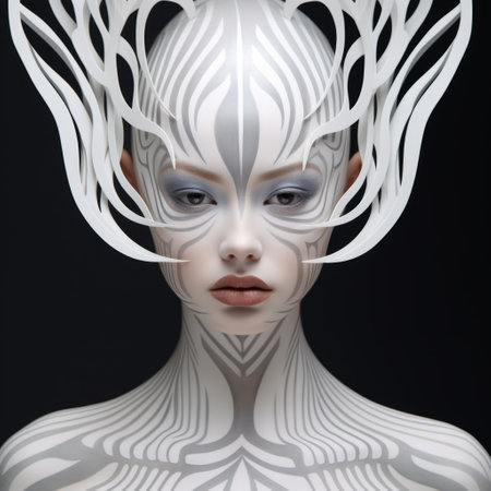 a woman with an asymmetric head sculpture featuring colorful wings, in the style of futuristic digital art. the sculpture showcases striking symmetrical patterns in dark white and white, with meticulous lines and eye-catching detail. this daz3d creation combines painted illustrations with a unique and captivating design. ai generatedの素材