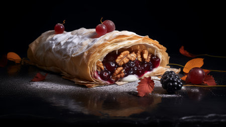 blueberry and cherry filled dessert on a table with berries, featuring a black background. the photo has a rusticcore style with creased, crinkled, and wrinkled textures. the luxurious fabrics add an elegant touch. the photo was taken with provia film, resulting in accurate and detailed imagery. ai generatedの素材