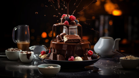 a decadent chocolate cake adorned with luscious chocolate-covered strawberries, white chocolate, and cream is showcased on a striking black background. this captivating stock image (5690929 fd53566) captures the essence of moody tonalism, with its extravagant table settings and melting pots. taken with a nikon d850, the dark magenta and amber tones add depth to the multi-layered narrative scenes. it's no wonder this image was aの素材