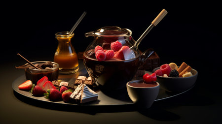 a brown spoon holds a delectable chocolate dipping sauce, surrounded by vibrant berries. this enticing photo captures the essence of a melting pot, with luminescent lighting adding a touch of elegance. the lively tableau is reminiscent of gustave dore's art, while the use of a carl zeiss distagon t 15mm f/2.8 lens and nikon d750 camera by frederic fiebig ensures stunning clarity and detail. aiの素材