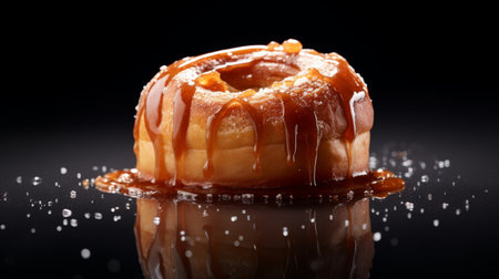 a dessert covered in caramel sauce, captured in a photobashing style using a graflex speed graphic camera. this high-resolution ultra hd image showcases the dessert against a black background, with water drops adding a touch of realism. this creative commons attribution photo offers a lifelike accuracy that will leave you craving a sweet treat. ai generatedの素材