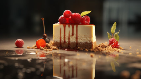 a cake adorned with fresh raspberries and drizzled with syrup, captured in a photorealistic style reminiscent of urban scenes. the polished surfaces of the cake reflect a soft white and light amber glow, evoking a romantic emotion. this image showcases precisionist artistry with classical precision, offering a visually stunning experience in 32k uhd resolution. ai generatedの素材