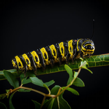 a monarch butterfly feasts on a caterpillar amidst twisted branches, captured in the narrative-driven visual storytelling style of elke vogelsang. the vibrant yellow and black colors of the butterfly stand out against the high dynamic range of the image. this photograph by lorenz hideyoshi emphasizes both the functionality and beauty of nature's cycle. ai generatedの素材