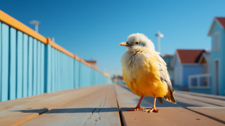 a small yellow bird perched on a wooden plank, captured in a vibrant composition featuring light sky-blue and light orange hues. this photograph embodies the essence of american urban life, drawing inspiration from the artistic movement die brucke and serving as a critique of consumer culture. shot on ferrania p30 film, it showcases seaside vistas and showcases distinctive characters. ai generatedの素材