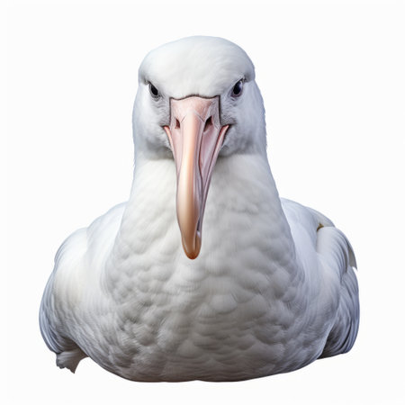 a large white bird with a long beak is captured in this digitally enhanced webcam photograph. the bird is depicted in a realistic and emotive portrait style against a white background, showcasing its beauty and elegance. the composition is reminiscent of dutch marine scenes, with a frontal perspective that highlights the bird's features. the image is enhanced with light magenta and white tones, adding aの素材
