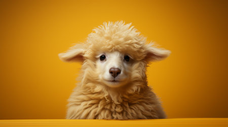 a small brown sheep is captured in a cage against an orange background, showcasing the unique style of poodlepunk. the photograph, reminiscent of the dusseldorf school of photography, features a combination of light beige and yellow tones. the sheep's elegant and emotive face is highlighted, while the use of zbrush adds depth and texture. the composition is further enhanced by the contrasting values of lightの素材