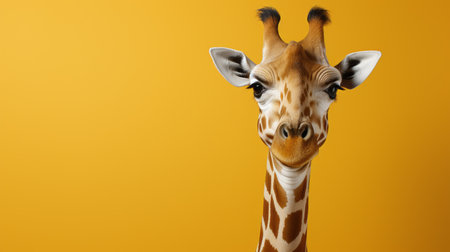 a giraffe with a hyper-realistic representation is captured looking directly at the camera. the minimalist background enhances the visual puns in the image. the vibrant colors of yellow and orange, achieved through vray tracing, add to the overall appeal. this adorable and quirky photograph can be found on flickr. ai generatedの素材