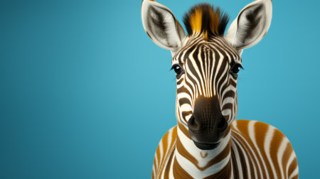a zebra, captured in a close-up photo, gazes directly ahead. the image, reminiscent of john wilhelm's style, features bold color blocks and explores themes of identity politics. shot with a konica big mini camera, the zebra stands out against a backdrop of light azure and brown hues. the photo showcases the use of zbrush and tells a captivating narrative through visual storytelling. ai generatedの素材