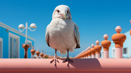 an ornamental bird perched on a railing, captured in a beach portrait style. with a wide-angle lens, this photo showcases the bird's humorous and witty demeanor. the white and azure colors create a vibrant contrast, while the blown-off-roof perspective adds a unique touch. the bird's strong facial expression adds to the overall charm of the image. ai generatedの素材