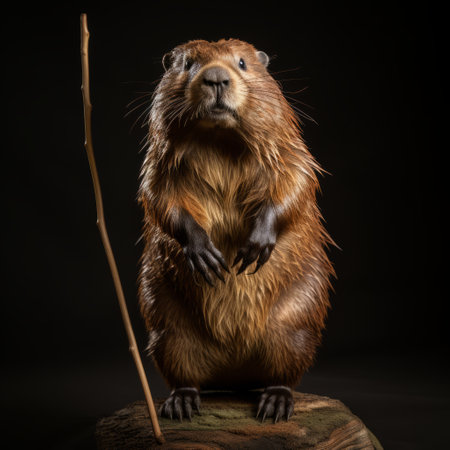 a beaver, in the style of hyper-realistic portraits, stands on a stump with an ax. this unique photo captures the essence of the american studio craft movement, angura kei, historical reproductions, diorama, dansaekhwa, and studio portrait. ai generatedの素材