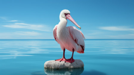 a pink pelican gracefully perched on a rock amidst deep water. this photorealistic rendering showcases the pelican's vibrant colors against a light sky-blue and white backdrop. the sketchfab style adds distinctive characters to the image, while bold colorism and selkiecore elements enhance its idealized beauty. ai generatedの素材