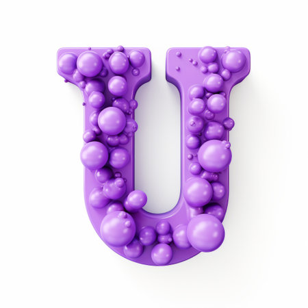 a 3d letter "u" featuring vibrant purple bubbles crafted from polystyrene foam. the design showcases organic fluid shapes, with photorealistic detail and a touch of berrypunk aesthetic. the installation includes text and emoji elements, with subtle ink application. the overall effect is a playful and whimsical design, captured in a matte photograph. ai generatedの素材