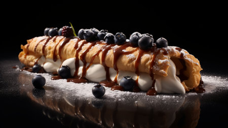 a pastry, in the style of elongated and dramatic photobashing, is beautifully topped with syrup. this berrypunk-inspired creation features a dark blue and beige color palette. the long exposure technique used in the photograph adds a captivating effect. created by talented artists lorenz hideyoshi and george stefanescu. ai generatedの素材