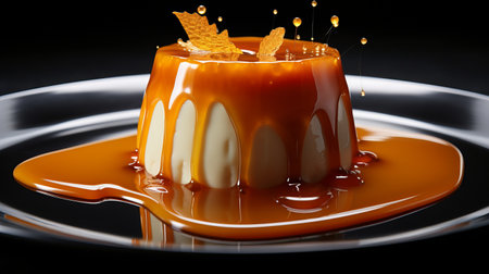 a photo of a collection of the most extraordinary foods to eat before your wedding, rendered in cinema4d. the image showcases a dark amber and orange color palette, with the foods melting and having a smooth surface. the photo is photo-realistic, highlighting the honeycore and the way it is poured. ai generatedの素材