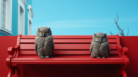 two brown and grey owls perched on a seat at a park, showcasing the vibrant colors and realistic genre scenes rendered in cinema4d by john wilhelm. the minimal retouching highlights the seaside setting and emphasizes the intricate character design of the owls. ai generatedの素材
