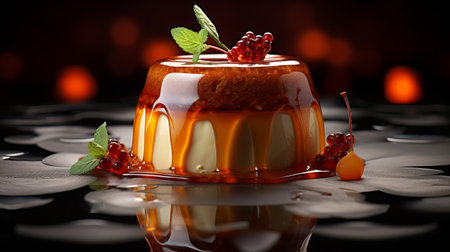 liquid light effect on a cake with decoration, rendered in a photorealistic style by marcin sobas. the cake is showcased on a black background, highlighting its glazed earthenware texture. the colors used are light red and light amber, creating a smooth and polished appearance. the overall effect is reminiscent of hinchel or similar techniques. ai generatedの素材