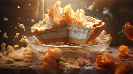 a photorealistic fantasy-style pie with toppings is showcased in the bottom of a plastic bowl. this visually stunning image, created through photobashing techniques, features a combination of light orange and light gold hues. the creased texture adds a touch of realism to the scene. with a resolution of 32k uhd, this captivating photograph can be found on flickr, amidst a collection of romantic and dramaticの素材