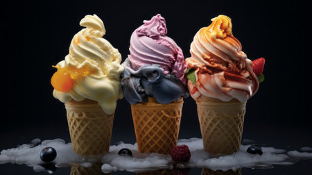 multiple sizes of ice creams are showcased on a black background, reminiscent of the artistic style of caras ionut. the vibrant and saturated color scheme, inspired by basil gogos and tintoretto, features a combination of light orange and dark magenta hues. the image is captured in 32k uhd resolution, with a soft-focus effect adding a touch of elegance. ai generatedの素材