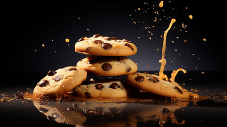 a photo of chocolate chip cookies with a drizzle of brown caramel chocolate. the image showcases realistic still life composition with dramatic lighting. the photo has a low resolution and features multi-layered compositions. it has elements of imax, frogcore, bombacore, and is made to resemble liquid metal. ai generatedの素材