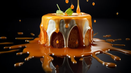 cake with caramel and chocolate drip on a black background, rendered in unreal engine style. this oil portraitures-inspired photo showcases a delicious dessert with a creative commons attribution. the lighting features a captivating combination of light emerald and orange hues. with an iso of 200, this fragmented advertising image captures the melting pots of flavors in a visually stunning way. ai generatedの素材
