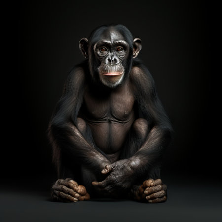 a young ape, isolated on a black background, leans forward and gazes up at the camera. this meticulously crafted photorealistic still life captures the intense use of light and shadow, showcasing the creased features of the ape. with a red background, this national geographic-style photo highlights the connection between animals and people. keywords: black, isolated, young ape, red background, meticulous, photorealistic, still lifes, zbrush, animals,の素材