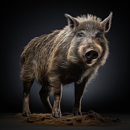 a wild boar, captured in the style of sacha goldberger, stands against a black background, surrounded by rocks. this macro photograph by filip hodas showcases hyperrealistic wildlife portraits reminiscent of pieter brueghel the younger. the image is characterized by dark silver and pink tones, with jagged edges adding a touch of intensity. ai generatedの素材