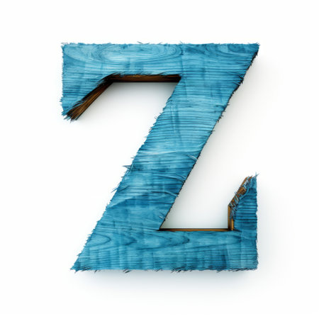 blue wooden letter "z" or "zr" on a white background. this unique letter is designed in a frayed, daz3d style, reminiscent of found-object-centric artwork by bordalo ii. the japanese-inspired imagery adds a touch of cultural influence, while the zeiss ikon zm camera captures the intricate details. perfect for a website or any creative project. ai generatedの素材