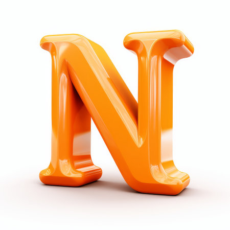 the letter "n" is showcased on a clean white background, featuring a vibrant light orange color. this artistic style draws inspiration from various renowned artists such as daz3d, victor nizovtsev, norm rapmund, todd nauck, and incorporates bold colors and distinctive marks. the composition reflects a unique blend of consumer culture critique and artistic expression. ai generatedの素材