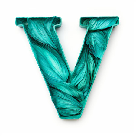 a green colored letter v, shaped like the letter v, is isolated in this photo. the v has trompe-l'oeil folds, giving it a realistic appearance. the artist has paid attention to the texture of fur and feathers, creating a sculptural installation. the color palette consists of light teal and indigo. the artist's work includes realistic oil paintings, online sculptures, and energy-filled illustrations. ai generatedの素材