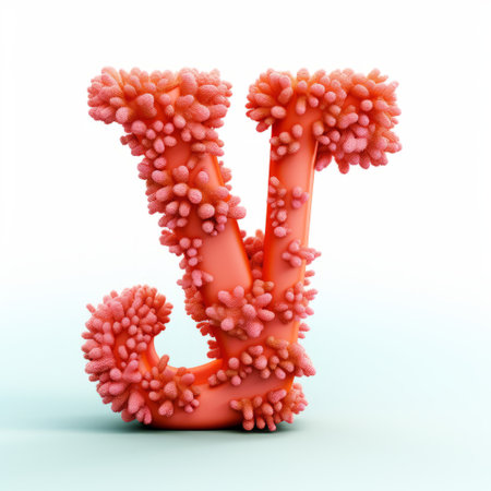 the 3d letter v is showcased in a vibrant pink color, created using 3d printing technology. the design is inspired by molecular structures, resulting in a unique and eye-catching visual. this piece by jamcore combines jarring juxtapositions, featuring sharp and prickly elements. the color palette includes light orange and aquamarine, adding a refreshing touch. the attention to detail is evident in the meticulous photorealistic stillの素材