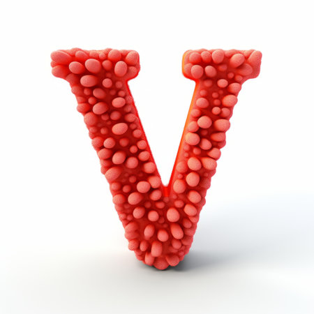 the 3d rendering showcases a vibrant red letter "v" formed by spiky mounds of bubbles. the organic shape and frontal perspective create an intriguing visual. the nonobjective gestural marks and soft sculptures add depth and texture. this realistic attention to detail is reminiscent of flickr's artistic style. ai generatedの素材