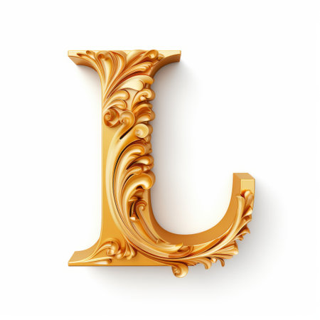 a gold ornamentation style decorative letter "l" with a textured surface, showcasing hyper-realistic details and rococo frivolity. the letter stands against a white background, surrounded by enigmatic characters and colorful woodcarvings. the design incorporates tropical symbolism and mythological references, creating a captivating and visually stunning piece. ai generatedの素材