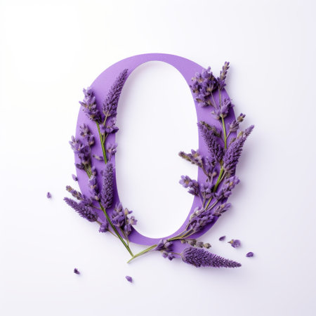 lavender flowers and a letter "o" created using natural materials are showcased in this image. the composition is isolated on a white background, reminiscent of the artistic style of carl kleiner. the use of subtle monochromatic tones adds depth to the image, while qian xuan's nature-inspired installations influence the overall aesthetic. the innovative page design, reminiscent of ryan ottley's work, enhances the luminous quality ofの素材